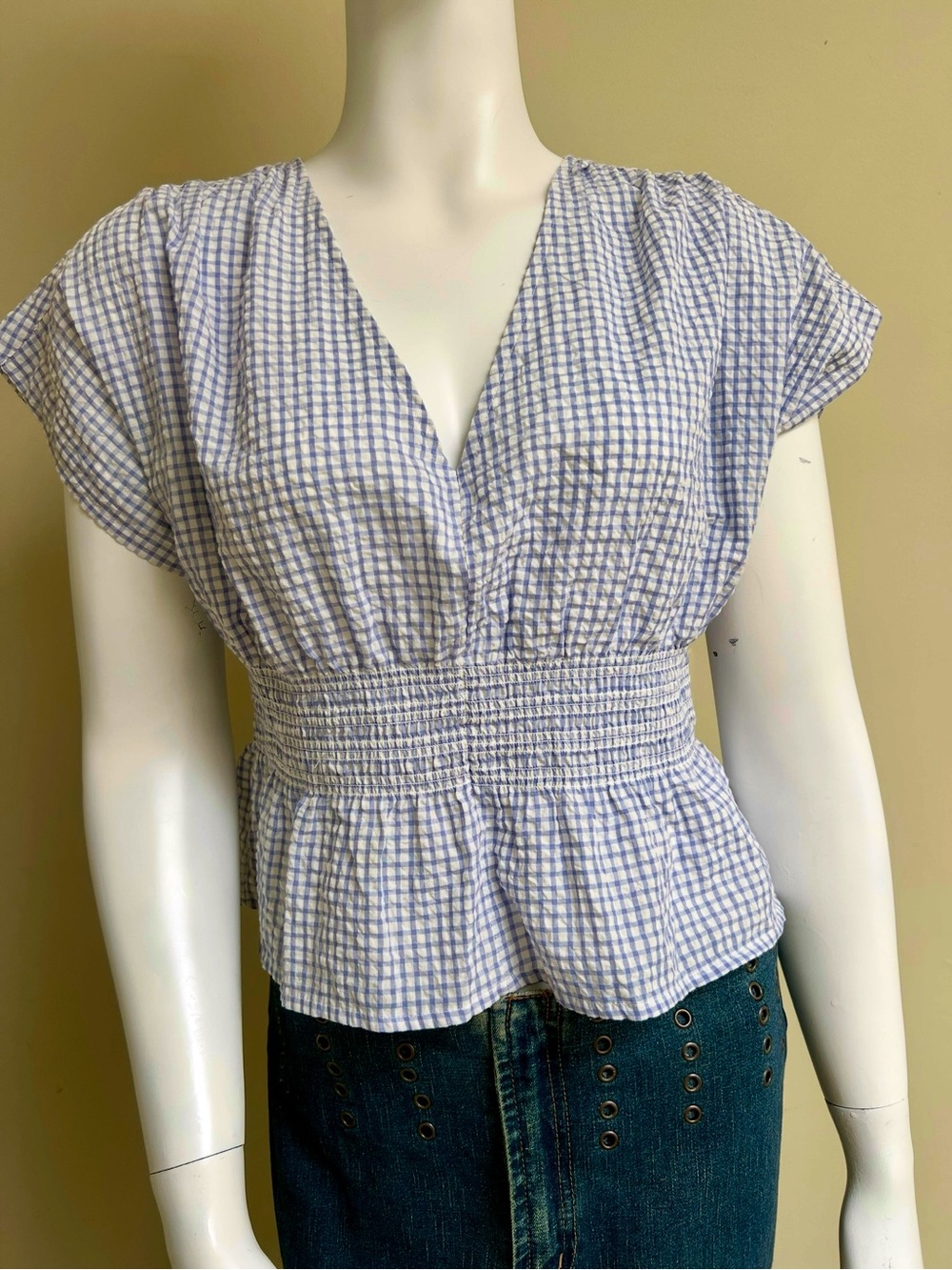 Madewell V-Neck Smocked-Waist Top in Gingham Seersucker